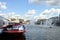 Red boat on the river in Moscow