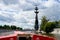 Red boat on the river in Moscow