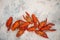 Red boiled crawfishes on table in rustic style, closeup. Lobster closeup