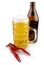 Red boiled crayfish with beer glass and beer bottle, isolated