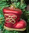 Red boot Christmas ornament tree, detail, close up