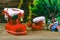 Red boot christmas or Santa`s shoe on rustic wooden table,Christmas background