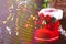 Red boot christmas or Santa shoe on rustic wooden table,Christmas