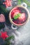 Red borscht dumplings Christmas table place text