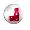 Red Bottle of vodka with glass icon isolated on transparent background. Silver circle button.