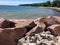 Red boulders on Lake Michigan shoreline