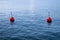 Red bouy on a calm lake isolated on blue background