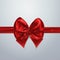 Red bow and ribbon. Silk, satin or foil. Packing decoration element. Vector 3d realistic holiday illustration. Abstract