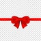 Red bow with ribbons on transparent background. Realistic satin gift bow with knot