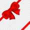 Red bow with ribbons on transparent background. Realistic satin gift bow with knot