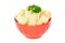 Red bowl with mozzarella cheese and parsley, white background