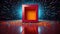 Red box with orange internal decoration standing in dark mysterious room with iridescent neon lights. Abstract