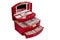 Red box for women`s jewelry made of artificial leather. Casket with lots of compartments.