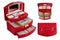 Red box for women`s jewelry made of artificial leather. Casket with lots of compartments. Isolated, white background