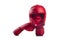 Red boxing head guard and a pair of red boxing gloves