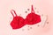 Red bra with lace. star decor, lubricant on a white background. The apartment was lying. Fashion lingerie concept
