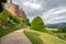 Red brick aisle overlooking the landscape, Powis Castle, Wales