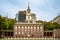 The red brick facade, Georgian style Independence Hall, a historic civic building with a