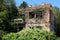 Red brick family suburban house destroyed and abandoned after war completely overgrown with crawler plants and trees