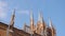 Red brick Gothic Church on background blue sky. Action. Bottom view of old Church in Gothic architectural style. Roman