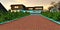 Red brick walkway with curb illuminated with turquoise colour. Amazing country house againts the night starry sky. 3d rendering