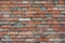 Red brick wall with colorful colored bricks, red, green, gray, brown in summer in Bruges, Belgium, red wall texture, as background