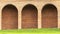 Red brick wall with semicircular arches inside