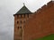 Red brick walls and towers of the Detinets fortress, Novgorod Kremlin. Velikiy Novgorod.