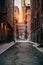 Red bricks building at New York City street at sunset time