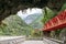 Red Bridge Above River Platform in Taiwan`s Taroko National Park