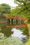 Red bridge in the grounds of Hirosaki Castle, Aomori, Japan.