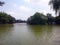 Red bridge on Hanoi lake Vietnam