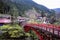 Red bridge leads to Japanese mountain village