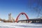 Red bridge over the frozen Moskva river