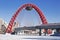 Red bridge over the frozen Moskva river