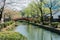 Red bridge over the river in edo wonderland, japan