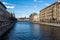 Red Bridge. Single span bridge across the Moika River in Saint Petersburg, Russia. The bridge is part of Gorokhovaya Street.