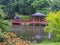 Red bridge with a view pavilion, yumedono bashi, in japanese gar