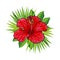 Red bright hibiscus flower with green palm leaves in sketch style - tropical floral composition.