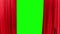 A red bright theater curtain moves apart in different directions behind it is a green background