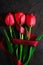 Red bunch of tulip flowers with red ribbon on textured black background
