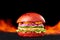 Red Burger in fire flames at dark background. Burger with red bun, chicken cutlette, onion, prawns and avocado