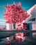 a red bus parked next to a pink tree