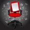 Red business chair with notice paper sheet on hand drawn business icons background