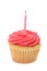 Red buttercream iced cupcake with a single birthday candle