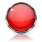 Red button with chrome frame. Round glass shiny 3d icon