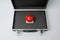 Red button of nuclear weapon in suitcase on white background, above view. War concept
