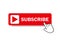 Red button subscribe of channel with hand cursor. Subscribe button in flat style. Label subscribe for video channel for website.