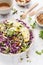 Red Cabbage, Cabbage, Almonds, Apple and Germinated Seeds Summer Salad with Turmeric Sauce