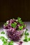 Red cabbage salad with parsley, glass bowl, organic food